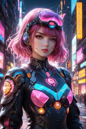 ((masterpiece)), ((best quality)), (((photo Realistic))), (portrait photo), (8k, RAW photo, best quality, masterpiece:1.2), (realistic, photo-realistic:1.3),A captivating cyberpunk-inspired manga illustration targeted at girls, featuring a cute, pink-haired protagonist. She is dressed in a trendy, futuristic outfit with a rose-tinted helmet and adorned with neon heart-shaped accessories. The protagonist holds a milkshake, with its vibrant colors and toppings reflecting the neon theme. The background is a bustling cityscape with towering buildings, holographic advertisements, and a futuristic pink neon sign.,glitter,Fire Angel Mecha,Mecha