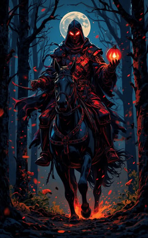 A mesmerizing neon spray paint portrait capturing a goth cyberpunk knight. On a Halloween night, the headless knight in fiery gloden-red armor on a black horse, holding a glowing pumpkin in his right hand, is riding swiftly through the woods. On a moonlit night, The image is photorealistic, detailed, and in a fantasy style. 