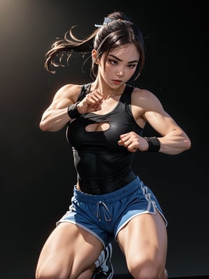 Realism style,Professional Chun Li Cosplayer, martial arts beauty, fit, beautiful, slender, natural curves, natural upper body, attractive, dark red hair, bowed hair, ponytail, serious expression, sports shorts, sports, high-kick, studio room, photoshoot, movement, motion, close-up, 3d digital art, amazing cinematic wallpaper in 16k, 4k, 8k, 16k, 4k upscaling image art, ((full body character concept)), ((((amazing masterpiece digital art, hdr, uhd, depth of field, blurry black background)))), ultra photorealism 

