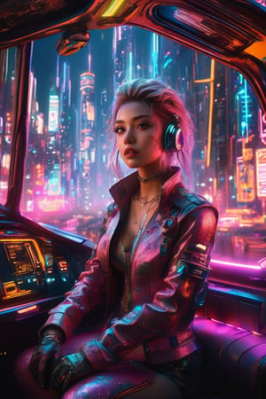 ((masterpiece)), ((best quality)), (((photo Realistic))), (portrait photo), (8k, RAW photo, best quality, masterpiece:1.2), (realistic, photo-realistic:1.3). The female cyberpunk passenger, dressed in a stylish, form-fitting outfit with high-tech elements and cyber art accents, sits confidently in the flying cab. Gravitaxi, the flying taxi, soared through a neon-lit cyberpunk cityscape. The background reveals a daring and vibrant cityscape, with towering skyscrapers and a dark, mysterious atmosphere. Holographic advertisements add to the futuristic, immersive setting, creating an overall ambiance that perfectly encapsulates the essence of a cyberpunk world. Masterpiece movie poster.