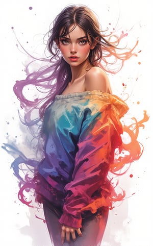 A stunning illustration of a young alluringly beauty woman standing gracefully, wearing an oversized sweater with one shoulder exposed, rendered in the bold, textured brushstrokes of Leonid Afremov combined with the fluidity of ink washing. The sweater is painted vibrant colors, cyan, purples, coral and oranges, sweeping fabric is caught in the wind, swirling around her in expressive, thick strokes of paint. The flowing material dances through the air, creating a sense of dynamic motion and energy. The vibrant ink brings a subtle, ethereal quality to the swirling fabric, blending into soft, flowing gradients.The background is minimal, allowing the vibrant sweater and soft ink washes to stand out, as the combination of the great artist Afremov’s energetic style.