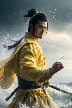 hyperrealistic, a masterpiece. A young samurai assassin in ancient China with black hair and wearing yellow Hanfu is fighting on the sea under heavy rain, right hand raised high to block an attack, water droplets and splashes poised in mid-air, the detailed background features dark clouds and strong winds to create a realistic movie setting.
