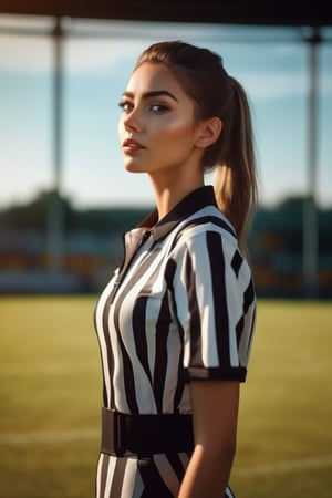 hyperrealistic, a masterpiece shot, (((gorgeous young woman))), dressed as football referee, very attractive, ((flirting)), standing on football field, centered, (((full body visible))), confidently looking at viewer, wearing crop top and bikini bottom, portrait photography, detailed skin, realistic, photo-realistic, 8k, highly detailed, full length frame, High detail RAW color art, diffused soft lighting, shallow depth of field, sharp focus, hyperrealism, cinematic lighting