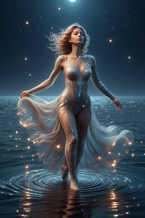 full body, ((masterpiece)), ((best quality)), (((photo Realistic))), A captivating, dreamlike rendition depicting a mesmerizing young woman dancing effortlessly on the water's surface at the ocean's edge. The water, masterfully rendered with a unique blend of glassy and fluid-like textures, creates an enchanting scene. The dancer is attired in a transparent breathtaking, vibrant ensemble that shimmers and glistens under the moon's gentle glow, accentuated by sparkling accessories. She is surrounded by a magical, star-studded night sky alive with glowing fireflies and floating musical notes, adding an extra layer of captivation to the atmosphere. The high dynamic range (HDR) and screen space ambient occlusion (SSAO) techniques employed by the artist contribute to the cinematic, surreal ambiance, transforming this work into a true masterpiece and a striking, painting, poster, conceptual art,mad-cyberspace
