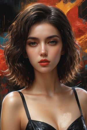 ((masterpiece)), ((best quality)), (((photo Realistic))), (3/4 portrait photo), (8k, RAW photo, best quality, masterpiece:1.2), (realistic, photo-realistic:1.3), ultra-detailed. A striking and captivating oil painting, featuring a mysterious woman with wild, black hair. The alluring central figure is set against an urban landscape of towering neon-lit structures, expertly blending gritty city life and cybernetic futurism. The woman, donning a form-fitting black dress and black gloves, exudes confidence and danger with her confident stride. The atmosphere is sultry, enigmatic, and vibrant, enticing viewers to embrace their creativity and individuality. The 3D render and illustration-inspired composition creates a dynamic scene that masterfully merges abstract and futuristic elements. The immersive background of swirling, mesmerizing colors in red, yellow, brown, and orange adds depth and dimension to the piece, while gritty textures and digital chaos heighten the tension and energy. The painting's striking subject pierces the dim, product, photo, portrait photography, illustration, architecture, 3d render, vibrant, cinematic, typography, painting, graffiti, ukiyo-e, wildlife photography, conceptual art, 