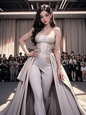A captivating charmy illustration masterpiece| best quality| gorgeous female model| standing at the end of a runway| fashion show in the background| stunning AND elegant full length dress| sharp focus| highly detailed| 4k uhd| cinematic lighting.