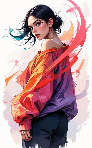 A stunning illustration of a young alluringly beauty woman standing gracefully, wearing an oversized sweater with one shoulder exposed, rendered in the bold, textured brushstrokes of Leonid Afremov combined with the fluidity of ink washing. The sweater is painted vibrant colors, cyan, purples, coral and oranges, sweeping fabric is caught in the wind, swirling around her in expressive, thick strokes of paint. The flowing material dances through the air, creating a sense of dynamic motion and energy. The vibrant ink brings a subtle, ethereal quality to the swirling fabric, blending into soft, flowing gradients.The background is minimal, allowing the vibrant sweater and soft ink washes to stand out, as the combination of the great artist Afremov’s energetic style.