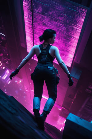 Cinematic, dramatic high-angle photograph looking down from above as Alex, a 19-year-old dark-haired young woman, as she dynamically climbs up the wall of a futuristic megacorp's headquarters. She is clad in dark lipstick, a tight pink top, and short overalls, as well as high-tech gloves and kneepads that aid her climb. She sweats from the difficult ascension and the neon-soaked background of a sprawling megalopolis, with its holographic advertisements and massive buildings, conveys the gritty cyberpunk setting.