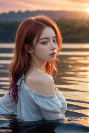 ((masterpiece)), ((best quality)), (((photo Realistic))), (portrait photo, back side view:1.2), (8k, RAW photo, best quality, masterpiece:1.2), (realistic, photo-realistic:1.3), ultra-detailed. Full body shot, well lit fashion shoot portrait. A captivating portrait photograph of a young woman with red-tinted hair, partially submerged in water during a serene sunset. Her eyes are closed, and her head is bowed, as if she is taking a moment for introspection. The warm, golden light of the setting sun casts a soft glow on her face and hair, while the water around her gently ripples. The background is a stunning display of vibrant colors – orange, red, purple, and blue – creating a breathtaking sunset scene. The overall atmosphere is peaceful and contemplative, encapsulating a moment of solitude and reflection.