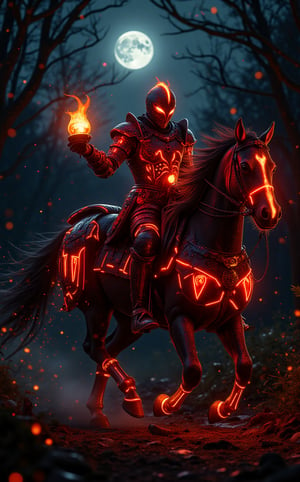 A mesmerizing movie still capturing a goth cyberpunk knight. On a Halloween night, the headless knight in fiery gloden-red armor on a black horse, he has no head and holds a glowing pumpkin lamp in his right hand, is riding swiftly through the woods. On a moonlit night, The image is photorealistic, detailed, and in a fantasy style. ,glowing,bright,luminous skin,glowing brightly,warm light,radiant,soft,glowing skin and vibrant, luminous features,glowing visual effects,glowing particles,neon