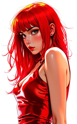 A striking stencil art portrait of a young sexy woman with very long fiery glowing red hair swirling in the wind. She is in a distinctive metallic red dress, featuring a circle pattern and bold stripes. Her intense gaze is directed to the right, lightly downwards, as if contemplating a secret. The stark white background highlights the intricate details of the stencil work, showcasing the artist's skill and precisionm