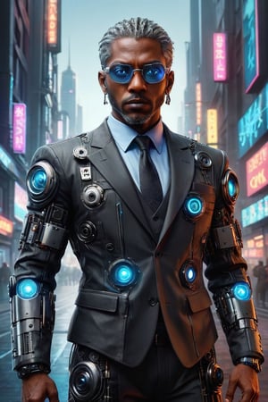 ((masterpiece)), ((best quality)), (((photo Realistic))), (portrait photo), (8k, RAW photo, best quality, masterpiece:1.2), (realistic, photo-realistic:1.3). A striking image of a cyberpunk protagonist, a black man with grey hair and robotic eyes, dressed in a sharp suit. His cybernetic eyes emit a cool blue light that contrasts with the dimly lit, neon-lit cityscape. Hovering vehicles and futuristic architecture fill the background, while a holographic 'Hal Cinah' signature is subtly integrated into the scene, hovering above his head. The overall atmosphere is bold, futuristic, and slightly dystopian.,digitalste