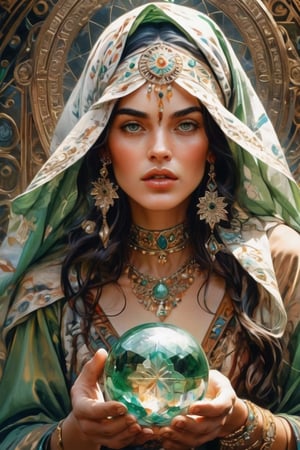 realistic vintage lithograph style, watercolor drawing of a gorgeous gypsum fortune teller with long dark hair and green eyes, a mysterious young goddess, wearing an embroidered headscarf with many jewels around her neck, holding up a large crystal ball in her hands, close-up of her face, in the style of fantasy art, best quality, high detailed, no freckles.