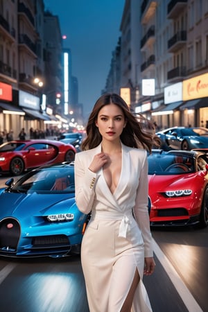 ((masterpiece)), ((best quality)), (((photo Realistic))), (portrait photo), (8k, RAW photo, best quality, masterpiece:1.2), (realistic, photo-realistic:1.3). A captivating cinematic photo of a sexy model and an exhilarating street race in a bustling, city night. Two sleek Bugatti sports cars, one deep blue Chiron and the other daring red and black Veyron, race neck-and-neck, finishing with a dramatic stop side by side. At the heart of the action, a sophisticated and self-assured young woman with cascading hair raises a white handkerchief in one hand, signaling the start of the race. The towering cityscape with its lights casts a kaleidoscope of colors onto the scene, heightening the electrifying atmosphere.