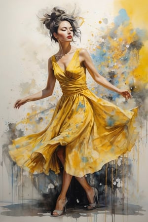 hyperrealistic art style, a masterpiece painting. A mesmerizing watercolor wash painting featuring a gorgeous woman wearing a yellow dress, in the style of joram roukes, dance while head backward, neil gaiman, graceful movements, stanley pinker, made of glass, disintegrated, heavy brush stroke, very detailed background. 