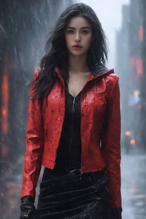 A captivating, fantasy portrait of a confident woman standing tall in the rain, exuding an enigmatic aura. She dons a black leather jacket, a red dress, and high black boots, with dark eyes and flowing loose black hair cascading down the left side of the canvas ink splash art piece featuring a strong female figure clad in a fiery red dress and a black hooded leather jacket. The contours of her face and body are boldly defined by expressive, sharply etched strokes, creating a striking contrast to her vibrant attire. The background is a whirlwind of turbulent energy, with a stormy sky and sea displaying stark lines and vivid hues. Waves crash dramatically against the shore, and the woman stands unwavering, embodying resilience, determination, and inner strength amidst the chaotic environment, ukiyo-e, dark fantasy, cinematic, poster, painting, photo, architecture, product, wildlife photography, typography, 3d render, illustration, vibrant, anime, conceptual art, graffiti, fashion, portrait photography.