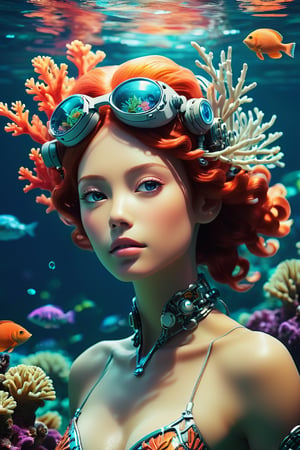 An intriguing underwater photograph featuring a partially organic, partially mechanized beautiful feminine cyborg gracefully swimming among vibrant coral reefs. The cyborg's humanoid form seamlessly blends with her robotic components, which are adorned with intricate details and glowing lights. The water is crystal clear, allowing for the realistic shading and the backlit effect to enhance the depth and contrast. The reef is teeming with life, creating a harmonious blend of technology and nature.,SDXL