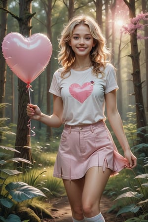 ((masterpiece)), ((best quality)), (((photo Realistic))), A mesmerizing high-resolution photograph of a seductive young girl. A stunning, vibrant 3D anime-inspired portrait of a radiantly happy woman in a summer forest. She has long, flowing blonde hair and is dressed in a white t-shirt featuring a pink heart, a pink miniskirt, white socks with pink ribbons, and pink high heels. The woman is smiling warmly while holding a white heart balloon with the name " My Darling " and threads in her hand. The sun is setting in the background, casting a golden light on the lush forest, enveloping the scene in a warm, summer glow. The image is presented as a high-quality, photo-realistic poster that captures the essence of joy and love.