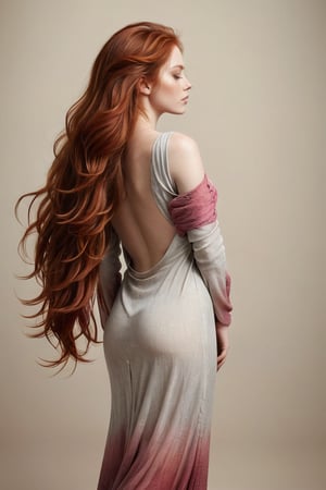 A young alluring woman with long, flowing, and vibrant red hair that cascades down her back and extends to the floor. She is seen from the back side, with her arms gently wrapped around her waist. The background is a muted, textured beige, which contrasts with the rich hue of her hair. The overall mood of the image is serene and ethereal.