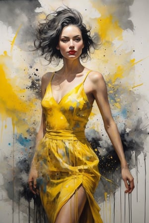 hyperrealistic art style, a masterpiece painting. A mesmerizing watercolor wash painting featuring a gorgeous woman wearing a yellow dress, in the style of joram roukes, dance while head backward, neil gaiman, graceful movements, stanley pinker, made of glass, disintegrated, heavy brush stroke, very detailed background. 