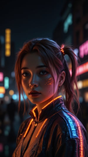 Pretty model with vibrant neon-colored eye, focusing on intense black eyeshadow, glowing orange collar of a high-tech jacket visible, cyberpunk-inspired hairstyle with subtle colored highlights, background showing blurred city lights at night, piercing gaze directly at the camera, photorealistic, 4K, rich detailing. Perfect face, simetrical face, simetrical eyes, ultra detailed, sharp focus, 8k, high definition, insanely detailed, 