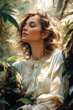 realistic painting hybrid of vintage lithograph style, oil on canvas, impressionist tendencies, delicate painting of a beautiful gypsum woman in an ethereal rainforest, expressive delicate thin brushstrokes, full-body, in the style of fantasy art