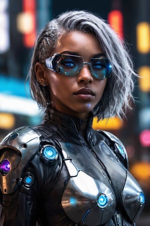 ((masterpiece)), ((best quality)), (((photo Realistic))), (portrait photo), (8k, RAW photo, best quality, masterpiece:1.2), (realistic, photo-realistic:1.3). A striking image of a cyberpunk protagonist, a gorgeous black woman with grey hair and robotic eyes, dressed in a sharp glass suit. Her cybernetic eyes emit a cool blue light that contrasts with the dimly lit, neon-lit cityscape. Hovering vehicles and futuristic architecture fill the background, while a holographic The overall atmosphere is bold, futuristic, and slightly dystopian.