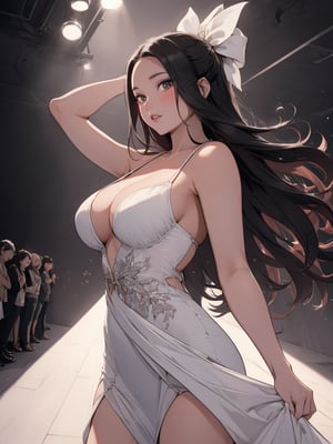 A captivating charmy illustration masterpiece| best quality| gorgeous female model| standing at the end of a runway| fashion show in the background| stunning AND elegant revealing full length dress| sharp focus| highly detailed| 4k uhd| cinematic lighting. low angle view.