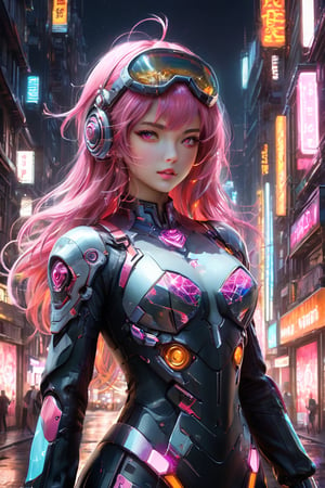 ((masterpiece)), ((best quality)), (((photo Realistic))), (portrait photo), (8k, RAW photo, best quality, masterpiece:1.2), (realistic, photo-realistic:1.3),A captivating cyberpunk-inspired manga illustration targeted at girls, featuring a cute, pink-haired protagonist. She is dressed in a trendy, futuristic outfit with a rose-tinted helmet and adorned with neon heart-shaped accessories. The protagonist holds a milkshake, with its vibrant colors and toppings reflecting the neon theme. The background is a bustling cityscape with towering buildings, holographic advertisements, and a futuristic pink neon sign.,glitter,Fire Angel Mecha,Mecha