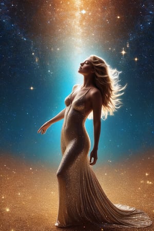A breathtaking cinematic masterpiec digital artwork capturing a mesmerizing young woman in a dreamlike, cosmic world. Her silhouette harmoniously blends with the surreal landscape, adorned with shimmering stars that twinkle against the vast expanse of the cosmos. The warm sunlight bathes the scene in a golden hue, illuminating every intricate detail. Vibrant colors dance across the canvas, drawing the viewer into this realm of endless possibilities. The celestial ambiance beckons exploration, inviting the viewer to stretch their imagination beyond the confines of reality. This conceptual art piece, a testament to Paola Salomé's artistic genius, transports the viewer through the cosmos, sparking a sense of awe and admiration for the boundless universe.,Blue Backlight,Strong Backlit Particles