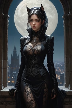 A mysterious female assassin, his half-lower face concealed by a translucent black veil. Her sexy attire is intricately detailed decorated with gleam patterns, featuring a high-collared coat and ornate gloves, with stockings that add to his enigmatic allure. Outer glow around the protagonist to distinguish him from the background. mute the background to distinguish it from the protagonist. Perched on a gargoyle, she gazes out over a cityscape of towering, gothic buildings silhouetted against a moonlit sky. A meticulously detailed, hyper-realist illustration in the style of Norman Rockwell, Jeremy Mann, Dungeons & Dragons, Moebius,and Steve Hanks