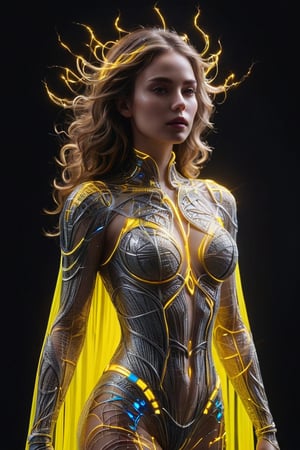 The Neon Wireframe Enchantress of a young alluring goddess. A stunning and evocative epic movie still featuring a futuristic enchantress adorned with a dress and cape made of mesh wireframe in bright neon yellow fibers. The bright goddess. of shiny light. The lines, an intricate network of shining threads, intertwine forming geometric patterns that glow intensely under the light, creating a hypnotic and electrifying visual effect. The artwork masterfully combines digital rendering with portrait photography, immersing the viewer in a fascinating and technological visual experience. The vibrant contrast between the neon wireframe and the dark, abstract urban landscape background creates a captivating atmosphere that leaves a lasting impression. Adda Barrios' name is prominently displayed, highlighting her extraordinary talent, versatility, and artistic vision, all exhibited in the fields of fashion, portrait photography, 