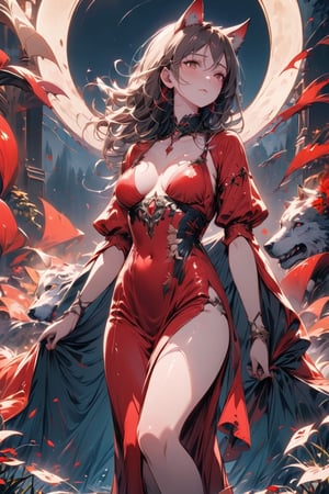 (masterpiece), (best quality),(ultra-detailed),(illustration),(extremely detailed),(perfect anatomy),(super detailed skin),A captivating illustration of a sultry, attractive woman dressed in a flowing red gown. She has an air of mystery and allure about her. In the background, a majestic wolf is present, its eyes fixated on the woman, who is standing near a full dim moon that casts a silvery light over the forest scene. The overall atmosphere of the illustration is enchanting and slightly eerie, with a sense of the supernatural.,score_9