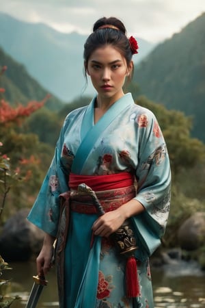 Aqua, a stunning young woman, stands confidently against a warmly lit background. A captivating cinematic portrait of a female warrior in a serene landscape, with misty mountains in the background. She stands tall in a traditional kimono, adorned with intricate tattoos covering her upper body. Her sword with a golden hilt is held confidently in her hand, while a skull and a single red rose lie beside her. The tranquil garden setting features a calm body of water and lush greenery, creating an atmosphere of both beauty and mystery. The conceptual art piece showcases a powerful and enigmatic figure in a harmonious yet haunting environment., conceptual art, portrait photography, photo, cinematic, 