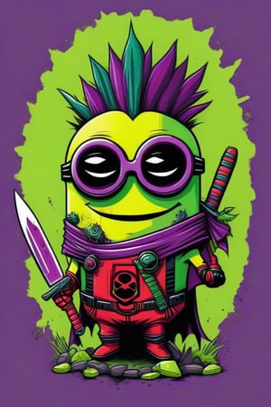 A whimsical artwork. A amesmerizing fusion of Minion and Deadpool, is depicted with an elongated face adorned with bold, geometric shapes and a vibrant color palette of lime, purple, white. Wielding a Big Chief knife with a sinister, reflective blade that reads "DEADTH" the subject exudes danger and unease. comical caricature