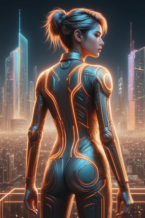 full body:1.2, ((masterpiece)), ((best quality)), (((photo Realistic))), A striking portrait of a young svelte woman looking back against a glowing background adorned with futuristic gleaming gadgets. A stunning anime-inspired scene of a young woman, adorned in futuristic fashion with neon accents, leaving her mark on Earth. She holds a can of spray paint and stands next to an incredible architecture of a towering building with a glass exterior. The architecture is adorned with her graffiti artwork, which glows against the dark city skyline. The background reveals a vibrant cityscape, with a rainbow of colors painting the sky.,mad-cyberspace