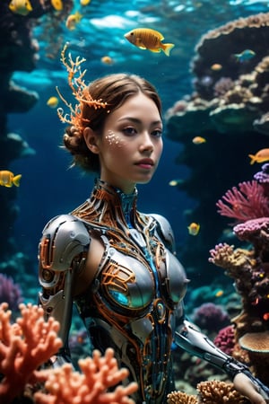 An intriguing underwater photograph featuring a full body potrait of partially organic, partially mechanized beautiful feminine cyborg gracefully swimming among vibrant coral reefs. The cyborg's humanoid form seamlessly blends with her robotic components, which are adorned with intricate details and glowing lights. The water is crystal clear, allowing for the realistic shading and the backlit effect to enhance the depth and contrast. The reef is teeming with life, creating a harmonious blend of technology and nature.