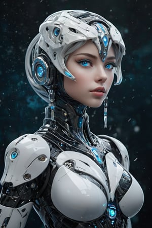 hyperrealistic, a masterpiece, (1girl), (full body), (futuristic sci-fi glassy body with gleam white mecha), Beautiful young girl, symmetrical eyes, realistic facial expression, sharp focus, HD, highly detailed l. Birth of Venus, with pure white shiny translucent Egyptian Arab skin android with large tribal tattoo, digital tattoos and cyberware augments on a deep sea of stars and nebula, Botticelli style, blue crystal eyes, advanced humanoid robot, braided hair. heavy snowing ice kingdom background.