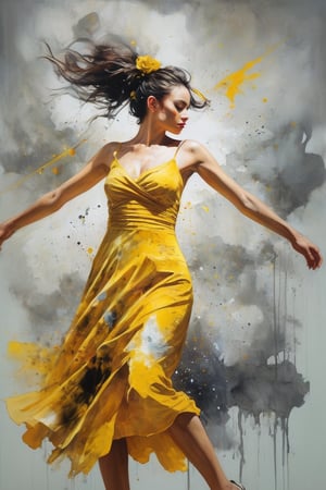 hyperrealistic art style, a masterpiece painting. A mesmerizing watercolor wash painting featuring a gorgeous woman wearing a yellow dress, in the style of joram roukes, dance while head backward, neil gaiman, graceful movements, stanley pinker, made of glass, disintegrated, heavy brush stroke detailed. 