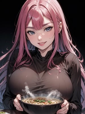 A hilarious anime scene of a girl slurping down a steaming bowl of ramen, her eyes wide with delight. Her hair is a vibrant pink, and she has a playful grin on her face. The ramen bowl is enormous, nearly as big as her head, with noodles stretching out in all directions. The solid black background highlights the colorful and quirky style of the illustration.