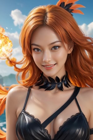 hyperrealistic, a masterpiece live-action movie poster. A breathtakingly realistic image of Nami from One Piece, orange hair flowing, epic movie still composition, dynamic angle, dynamic position, speed effect, playful and evil smiling, young and cute face, plumes of jet black plumes smokes, In the style of Prokoko, radiating an otherworldly aura. Showcase her sexy figure and beaming smile. Utilize advanced techniques to capture subtle lighting, texture, and attire details. Exude an atmosphere of awe-inspiring wonder, as if she is about to unleash divine energy. Bring this extraordinary visual to life with 3D rendering and meticulous attention to detail.