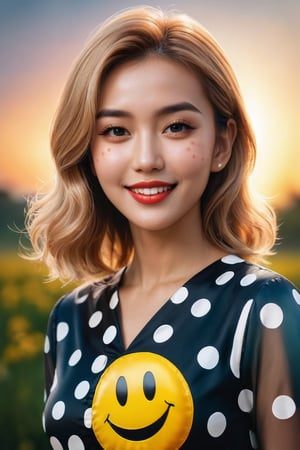 ((masterpiece)), ((best quality)), (((photo Realistic))), (portrait photo), (8k, RAW photo, best quality, masterpiece:1.2), (realistic, photo-realistic:1.3), A vibrant and cheerful portrait of an indonesian woman with blonde hair, dressed in a stylish black and white polka dot dress. She wears a wide, contagious smile while holding a large, smiley yellow face. The background is a warm, sunset orange gradient that accentuates her central position in the frame. The overall atmosphere is lively and optimistic, with an artistic touch that captures the essence of happiness and positivity.
