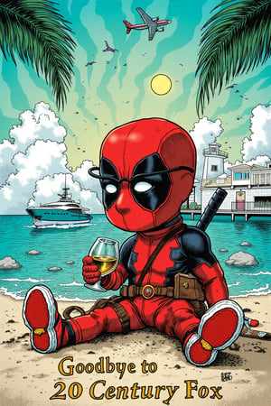 A whimsical and enchanting illustration of chibi deadpool. Deadpool is sitting on the edge of a private and luxurious beach. He is enjoying a glass of fine Scotch whiskey. Deadpool is wearing a pair of Rayban sunglasses, red and black costume with the icon red and black sneakers. luxurious beach setting. The sky is a hypnotic mix of sun and clouds, with a plane flying overhead, a large luxury yacht parked at the pier, and birds flying nearby. The phrase "Goodbye to 20 Century Fox" is elegantly written in golden cursive letters at the bottom, adding a touch of fashion and elegance to the creative illustration.