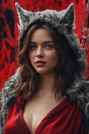 hyperrealistic, a masterpiece movie poster. HDR. ultra high res, photorealistic, 8k, hyperrealism, studio lighting. (Best quality, 8k, 32k, raw photo, real life, photorealistic, UHD:1.2), A striking full-body length photo of a young woman in a red hooded cloak and matching red dress with straps and a belt, standing in a graffiti-laden cyberpunk forest setting. The woman is evil smiling, her right hand partially covering her mouth as she looks forward. Beside her stands an enormous wolf with a fierce and menacing expression, bared teeth, and intense eyes. The background features a monochromatic color scheme with varying shades of gray, contrasted by the vivid red of the woman's clothing. The scene is surrounded by rubble and debris, with graffiti-covered walls adding to the dark fantasy and cinematic atmosphere  dark fantasy, 