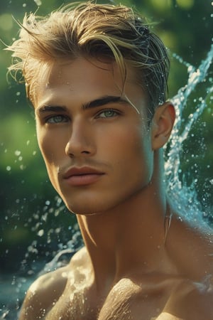 ultra-photorealistic, surreal, (masterpiece). A realistic photo of an attractive tan blonde, fit muscles man, with thick beautiful dark eyebrows, strong facial, he has a short fade haircut, high cheek bones, light grey eyes, he is showing his fit body, detailed, complex, a water bender surrounded by green water spouts, magical scene, dynamic pose, floating hair, water drops, magical glow, fantasy art, waterbending, water splashing water slices, glowy, hyperdetailed face, green splash, textured wet skin.