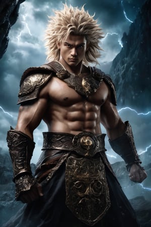 hyperrealistic, a masterpiece live-action movie poster. A breathtakingly realistic image of Gattsu from Berserk rests his hands on his large rune sword, evil grin, spark in the eye, a storm in the horizon, backlight, hybrid Super Saiyan form, radiating an otherworldly aura. Showcase his chiseled physique, wild hair, and slight evil smile. Utilize advanced techniques to capture subtle lighting, texture, and divine attire details. Exude an atmosphere of awe-inspiring wonder, as if he is about to unleash powerful divine energy. Bring this extraordinary visual to life with 3D rendering and meticulous attention to detail. Set in a whimsical, imaginative, and lively environment, showcase his powerful unexpected tricky move.