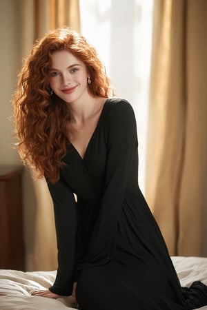 full body photo ((extremely attractive)) woman, long curly ginger hair, perfect eyes, (freckles:0. 2, light makeup, black blouse, long dress clothes, sitting on the end of her bed in her bedroom, gorgeous smile, bright sunlight coming through the windows, sheer curtains diffusing the sunlight . large depth of field, deep depth of field, highly detailed, highly detailed, 8k sharp focus, ultra photorealism,Perfect Hands