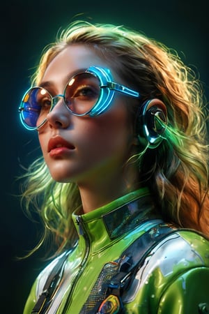 ((masterpiece)), ((best quality)), (((photo Realistic))), (8k, RAW photo, best quality, masterpiece:1.2), (minimalist). A captivating side profile portrait of a young fashionable woman, predominantly using electric blue and neon green hues. The subject dons futuristic, angular sunglasses with reflective green lenses, which perfectly complement the vibrant green background. Their sleek headphones, featuring alternating blue and green stripes, rest comfortably over their ears. The subject's skin is accentuated with bold, contrasting blue and green tones, emphasizing their sharp facial features, neck, and shoulder. The composition is framed by a large, luminous green circle, creating a striking visual contrast between the subject and the vivid backdrop.