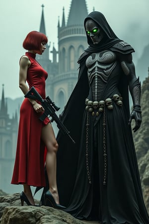 Ultra-realistic movie poster. In the foreground, sexy black widow from movel stands on a tall rock near a cliff. She is wearing a red qipao dress with a high slit and black high-heeled shoes. Her short red hair is styled in a bob, and she is holding a futuristic rifle, aiming at the viewer. Next to her is a menacing figure in black organic armor, featuring intricate white markings across the chest and arms. Its eyes glow vibrant green from a black mask adorned with white patterns. The figure is surrounded by a tattered flowing cape, with skulls hanging from the waist. In the background looms a gothic cathedral with an imposing cross covered in chains. The atmosphere is eerie with a dramatic interplay of light and shadow.