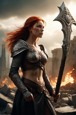 ((masterpiece)), ((best quality)), (((photo Realistic))), (seductive:1.3), Epic live-action movie still. A breathtaking high-resolution full body portrait of a powerful Viking female warrior, a titan amidst the ruins of a fallen city. The dynamic low-angle view focuses on the glowing colossal battle-axe breaking the screen of the viewer. The remnants of skyscrapers surround her, a somber reminder of the battles she has fought and won. Her armor, a stunning combination of blackened steel and scarlet accents, clings to her muscular form like a second skin, each plate a symbol of her unyielding strength. Her gauntlets, adorned with razor-sharp claws, bear the stains of past victories. Her fiery red hair dances wildly in the relentless wind, framing her weathered and determined face, where her blazing green eyes burn with an unquenchable fire. In her grasp, she holds a colossal battle-axe, its gleaming blade radiating a deadly light. ,glitter